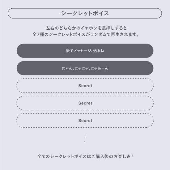 シークレットボイスの紹介。イヤホン長押しで再生されるランダムボイスの一部とシークレット枠