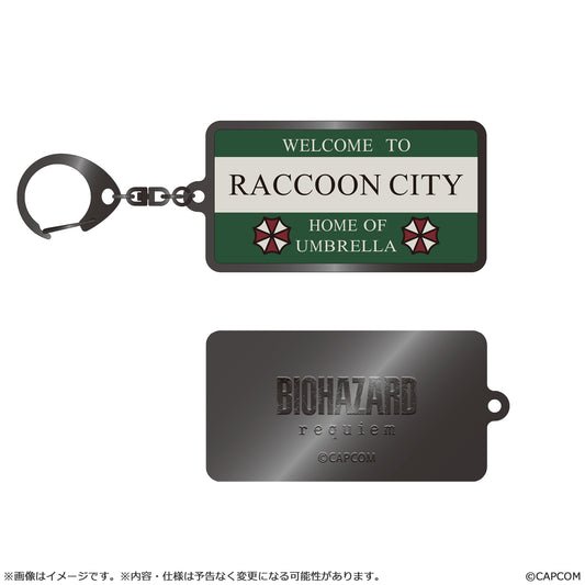 Resident Evil Requiem Metal Key Chain Raccoon City Sign
